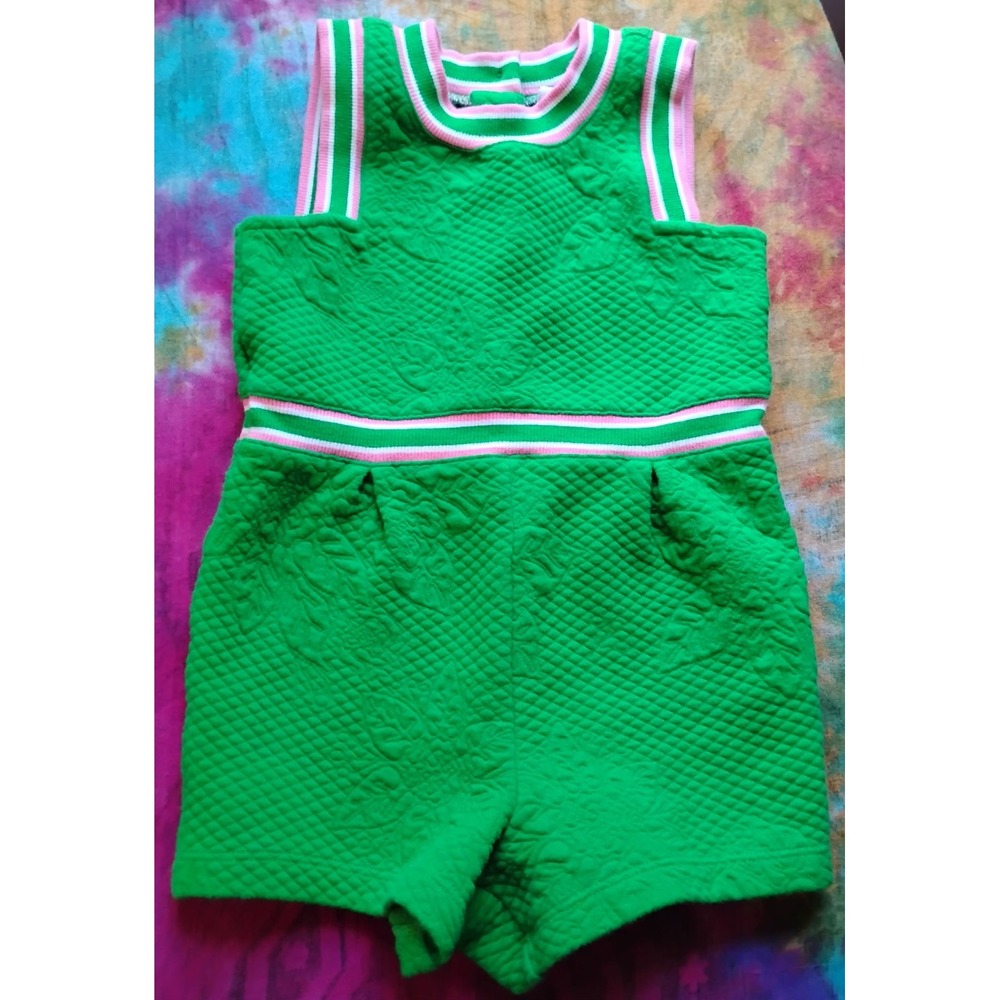 Size 3 Janie and Jack Green Quilted Jacquard Romper with Pink & White Girls 3T